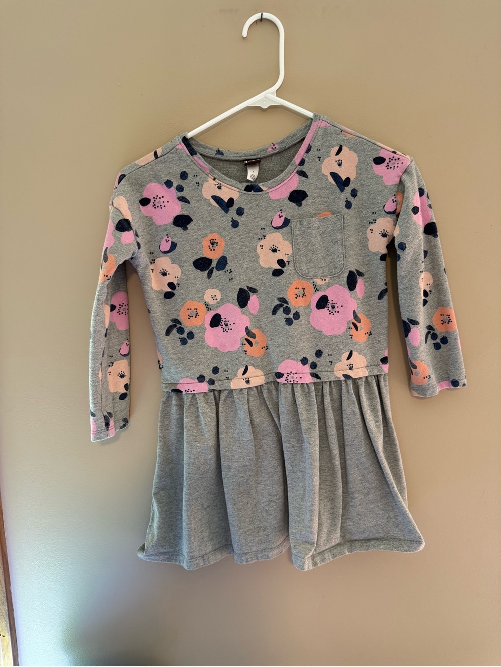 Tea Collection Gray Floral Long Sleeve Dress with Pink and Peach Flowers